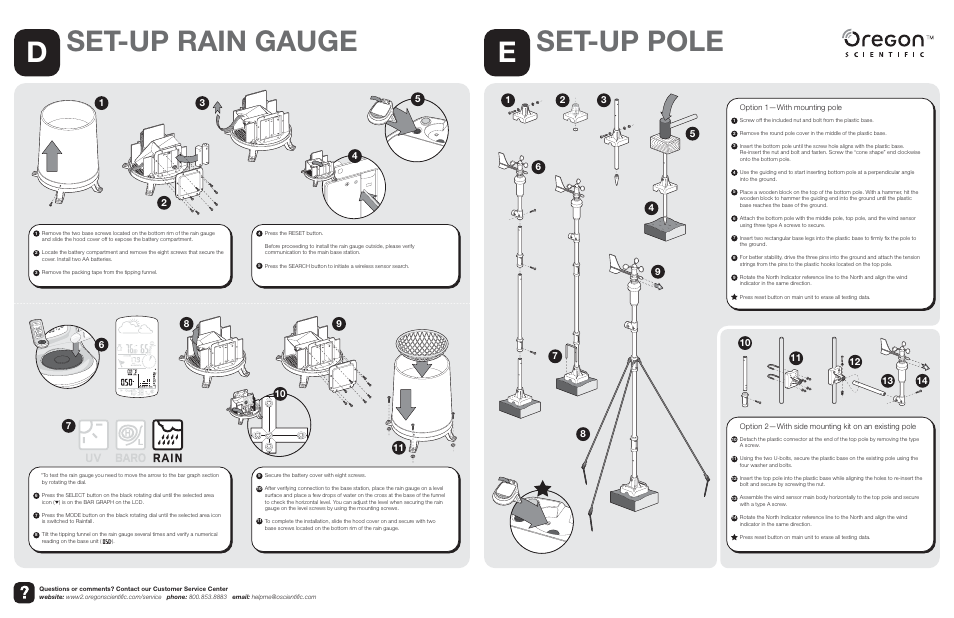 Set-up rain gauge, Dset-up pole e | Oregon Scientific Advanced Weather Station WMR100 User Manual | Page 2 / 2