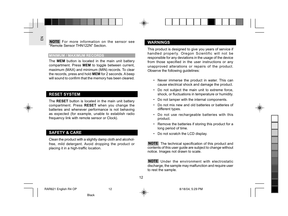 Oregon Scientific RAR621 User Manual | Page 13 / 17