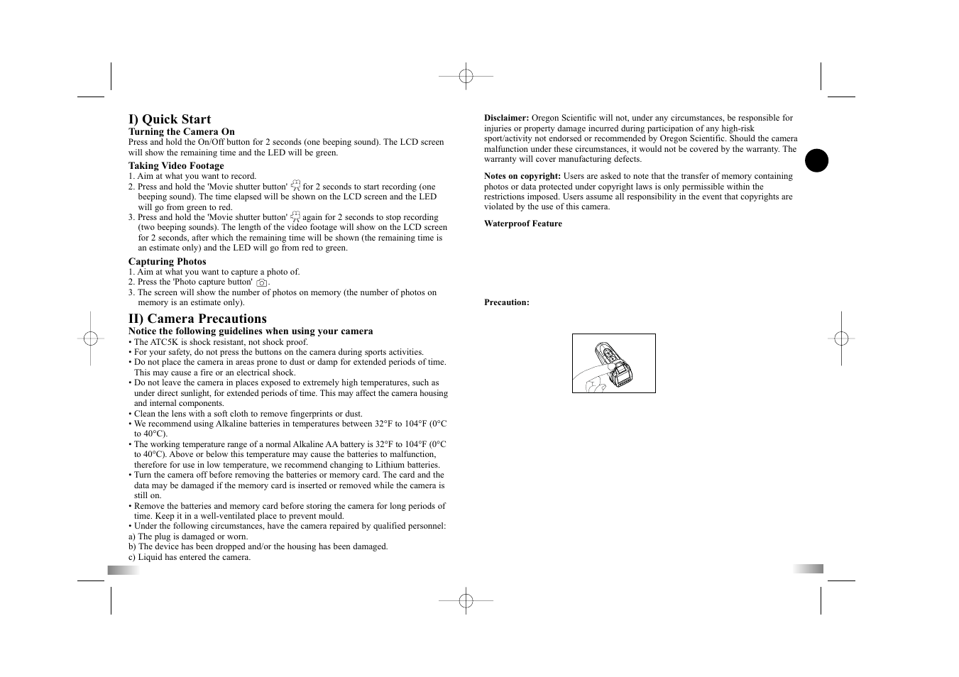 I) quick start, Ii) camera precautions | Oregon Scientific Action Camera ATC5K User Manual | Page 3 / 16