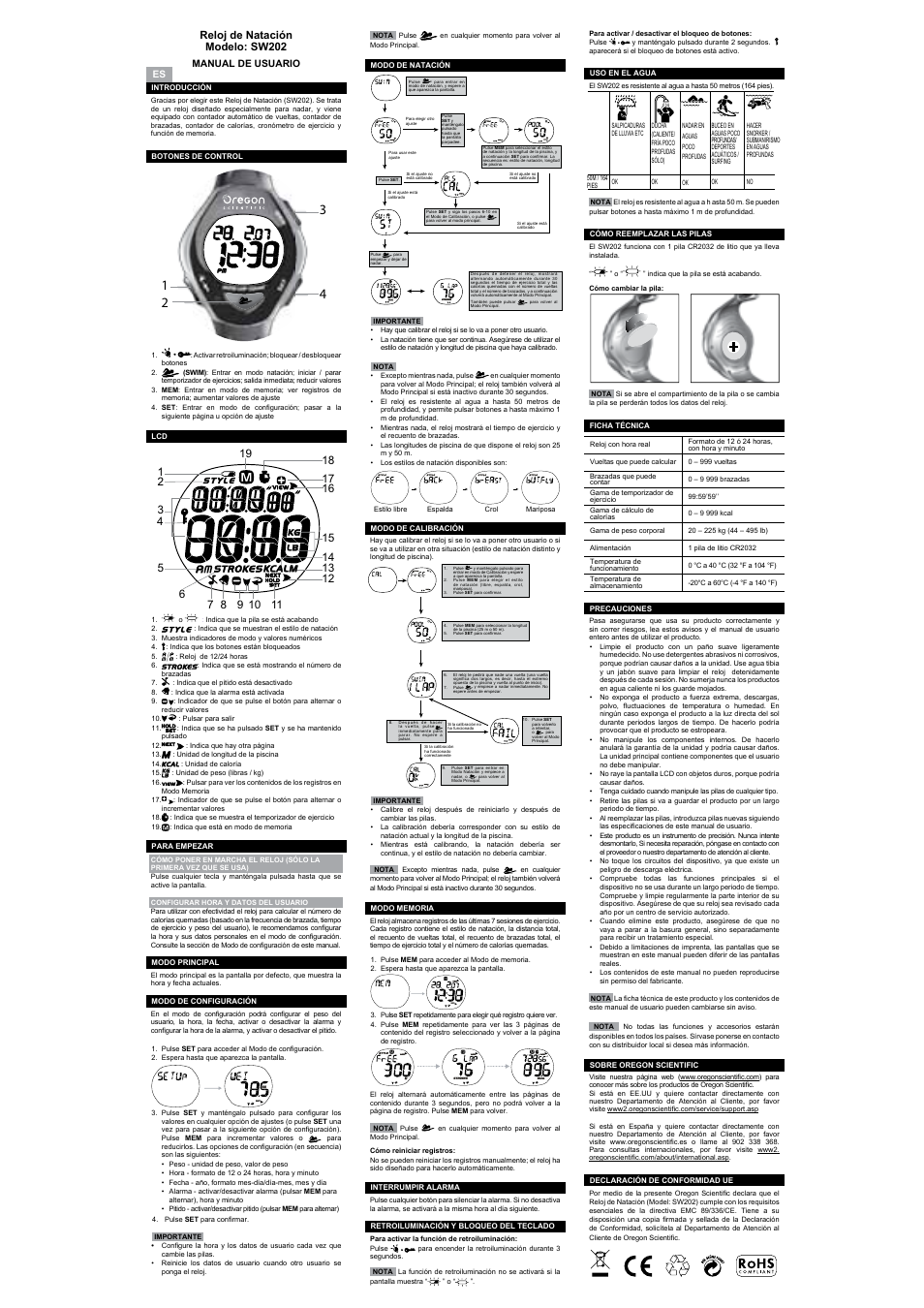 Reloj de natación modelo: sw202, Relógio de natação modelo: sw202, Zwemhorloge model: sw202 | Klocka för simmare modell: sw202, Manual de usuario, Manual do usuário por, Handleiding nl, Bruksanvisning swe, Simläge | Oregon Scientific SW202 User Manual | Page 2 / 10