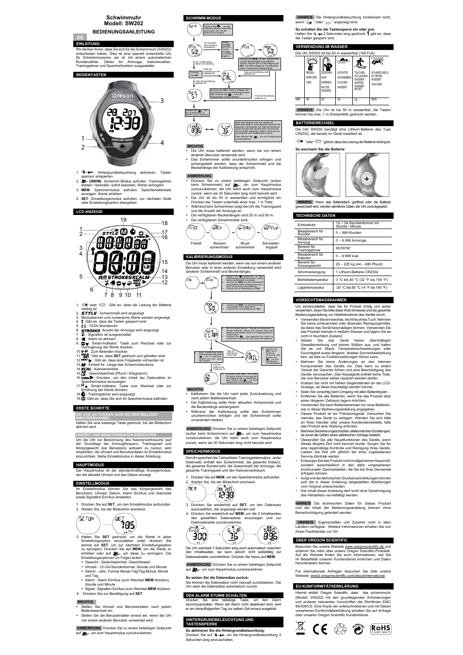 Swimwatch model:sw202, Swimwatch modello:sw202, Montre de natation modele : sw202 | Schwimmuhr modell: sw202, User manual, Manuale per l’utente, Manuel de l’utilisateur, Bedienungsanleitung | Oregon Scientific SW202 User Manual | Page 3 / 10
