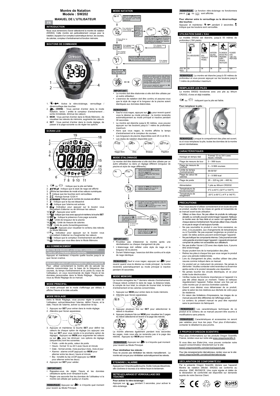 Swimwatch model:sw202, Swimwatch modello:sw202, Montre de natation modele : sw202 | Schwimmuhr modell: sw202, User manual, Manuale per l’utente, Manuel de l’utilisateur, Bedienungsanleitung | Oregon Scientific SW202 User Manual | Page 4 / 10