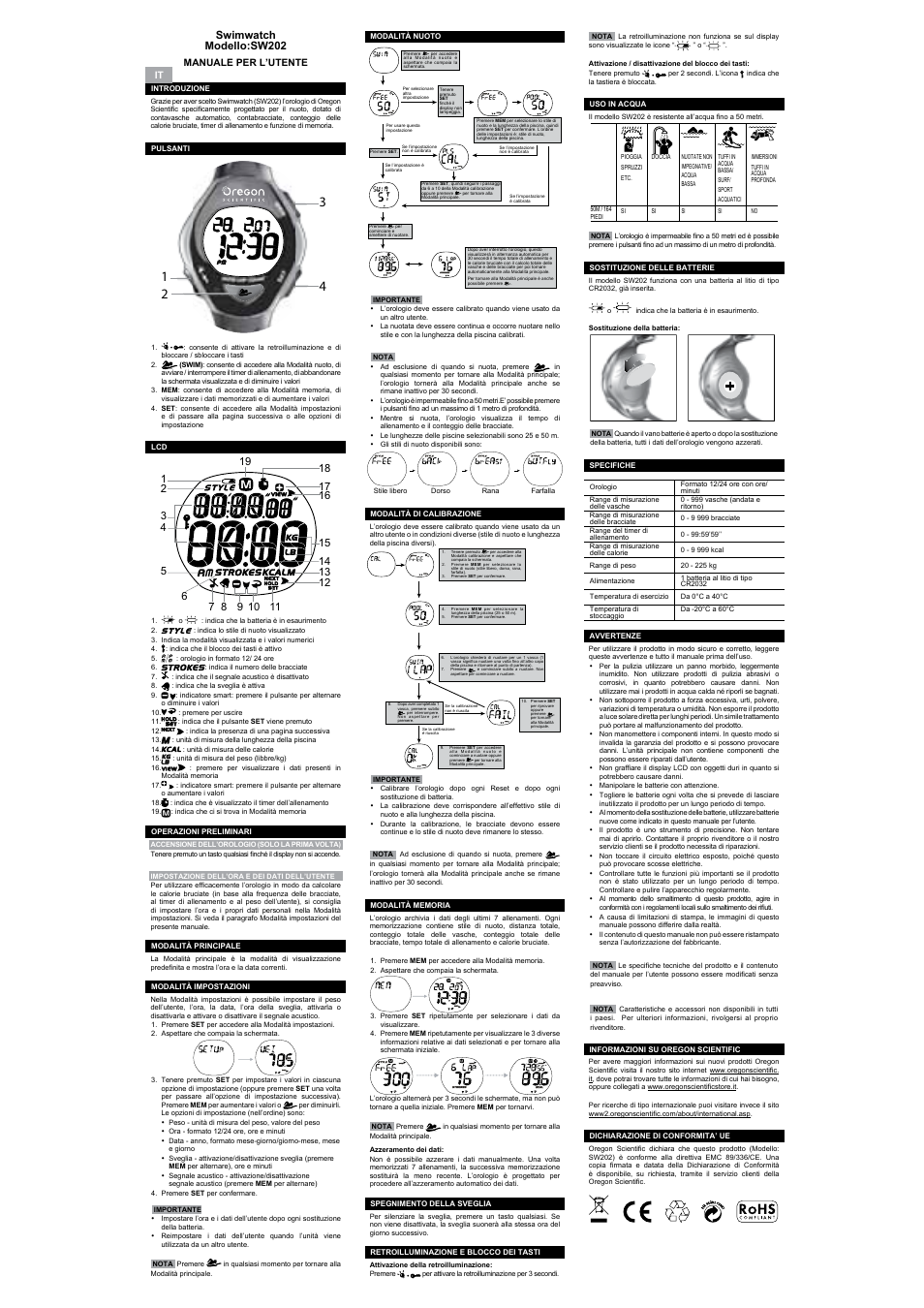 Swimwatch model:sw202, Swimwatch modello:sw202, Montre de natation modele : sw202 | Schwimmuhr modell: sw202, User manual, Manuale per l’utente, Manuel de l’utilisateur, Bedienungsanleitung | Oregon Scientific SW202 User Manual | Page 5 / 10