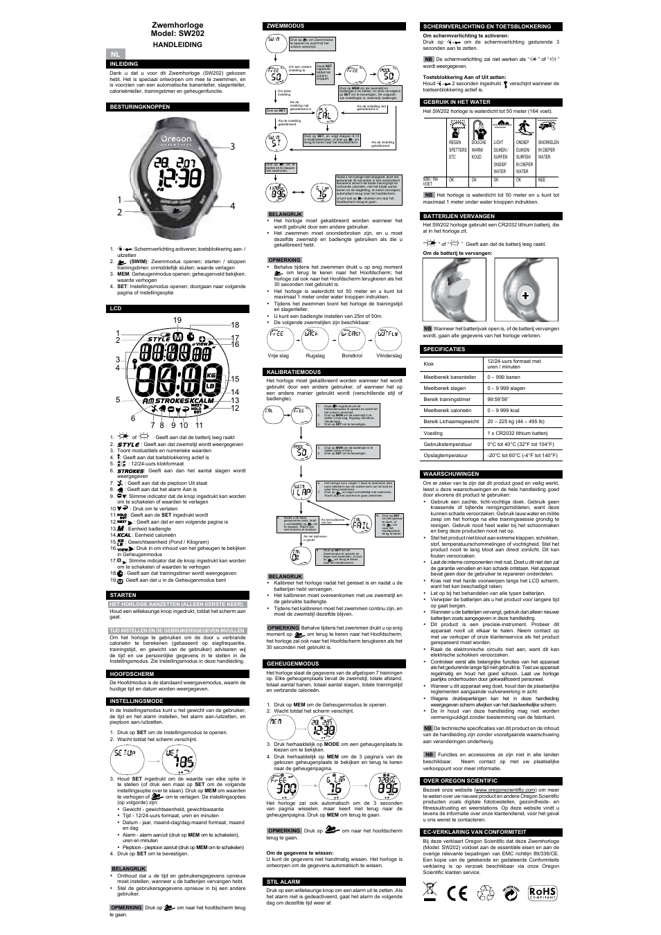 Reloj de natación modelo: sw202, Relógio de natação modelo: sw202, Zwemhorloge model: sw202 | Klocka för simmare modell: sw202, Manual de usuario, Manual do usuário por, Handleiding nl, Bruksanvisning swe, Simläge | Oregon Scientific SW202 User Manual | Page 6 / 10