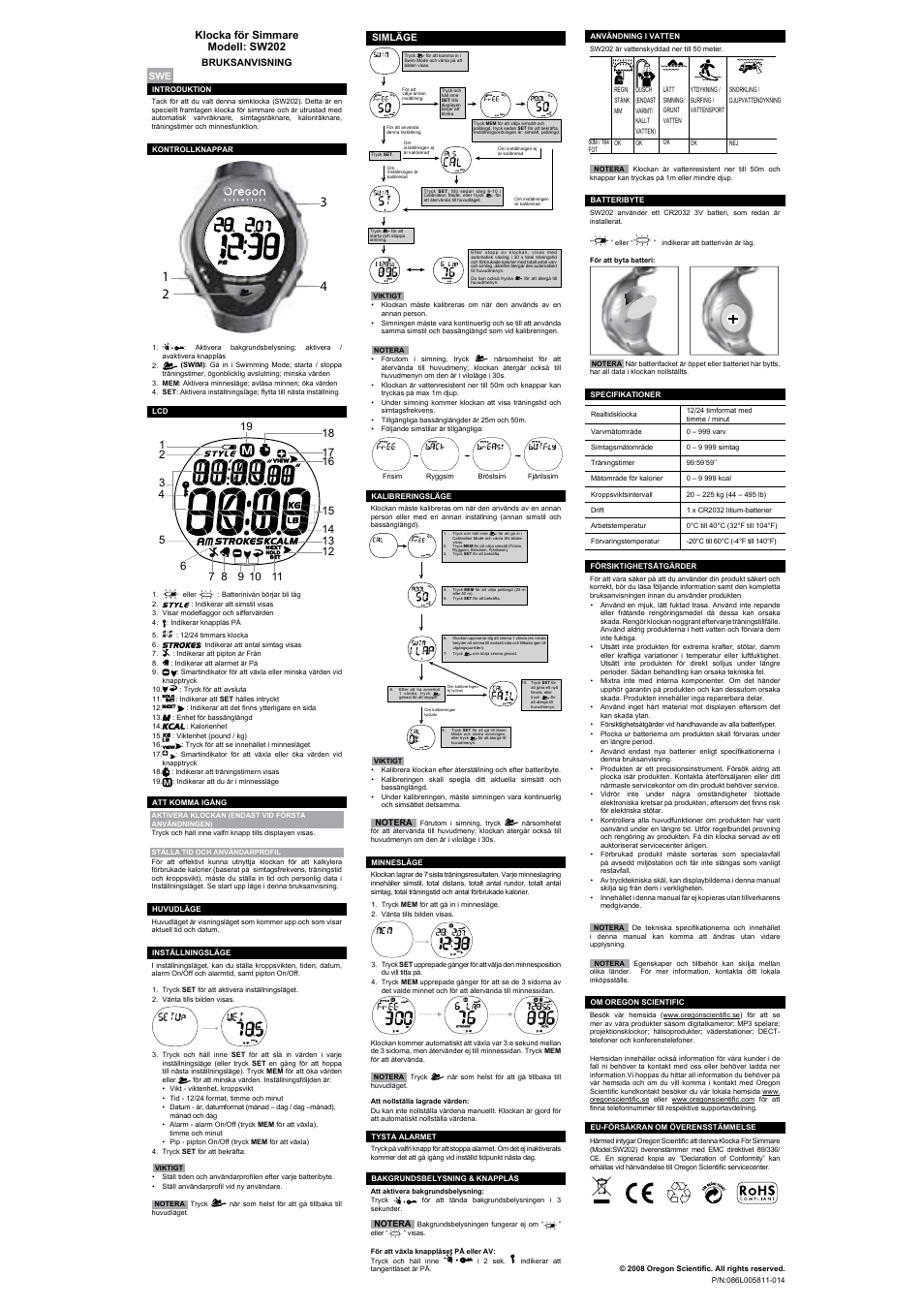 Reloj de natación modelo: sw202, Relógio de natação modelo: sw202, Zwemhorloge model: sw202 | Klocka för simmare modell: sw202, Manual de usuario, Manual do usuário por, Handleiding nl, Bruksanvisning swe, Simläge | Oregon Scientific SW202 User Manual | Page 8 / 10