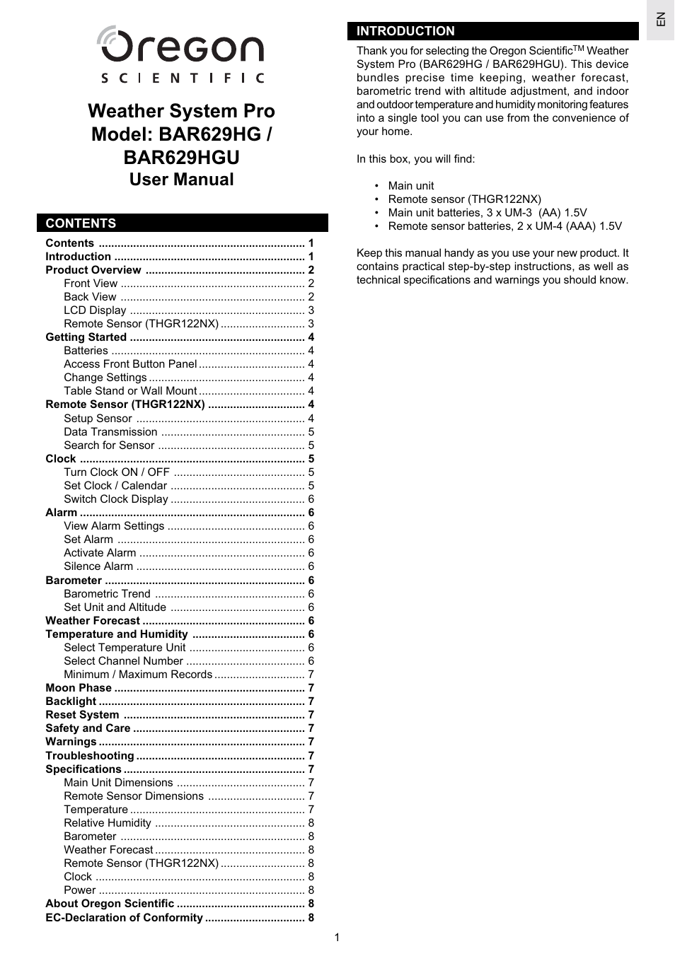 Oregon Scientific Weather System Pro BAR629HG User Manual | 10 pages