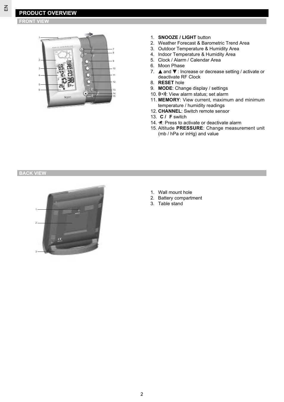 Product overview | Oregon Scientific Weather System Pro BAR629HG User Manual | Page 2 / 10