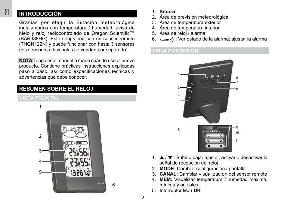 Es introducción, Resumen sobre el reloj | Oregon Scientific 086L004438-013 User Manual | Page 14 / 94