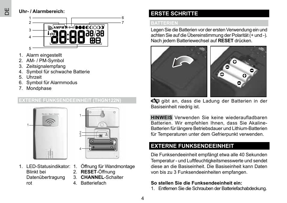 Erste schritte, Externe funksendeeinheit | Oregon Scientific 086L004438-013 User Manual | Page 28 / 94