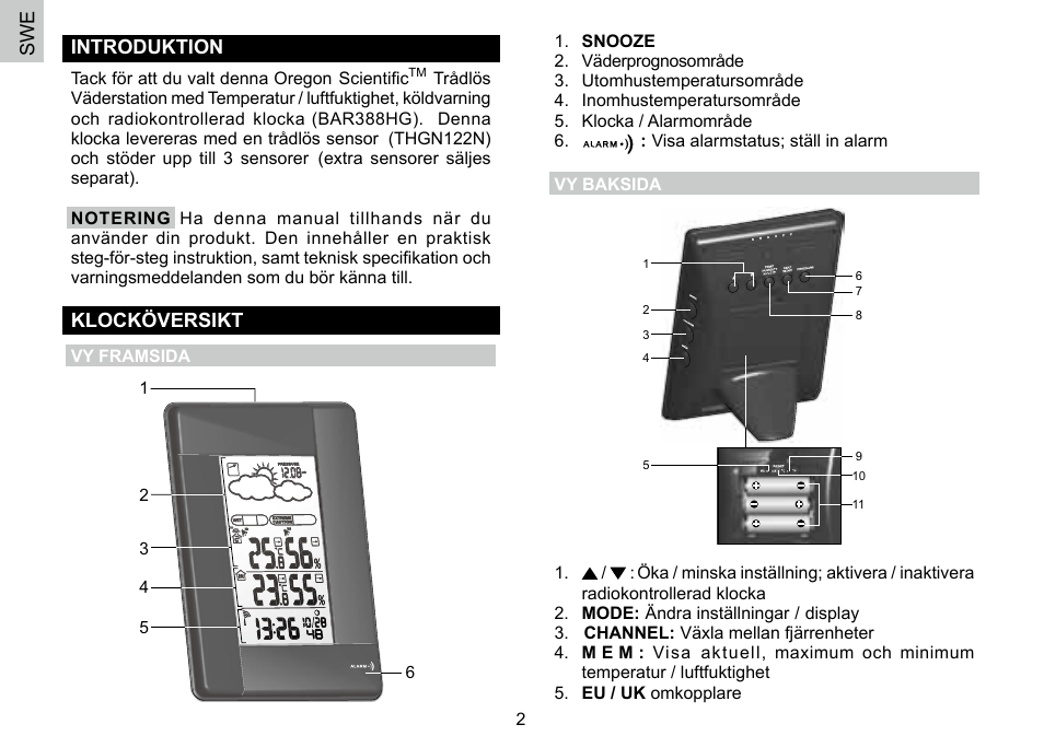 Swe introduktion, Klocköversikt | Oregon Scientific 086L004438-013 User Manual | Page 84 / 94