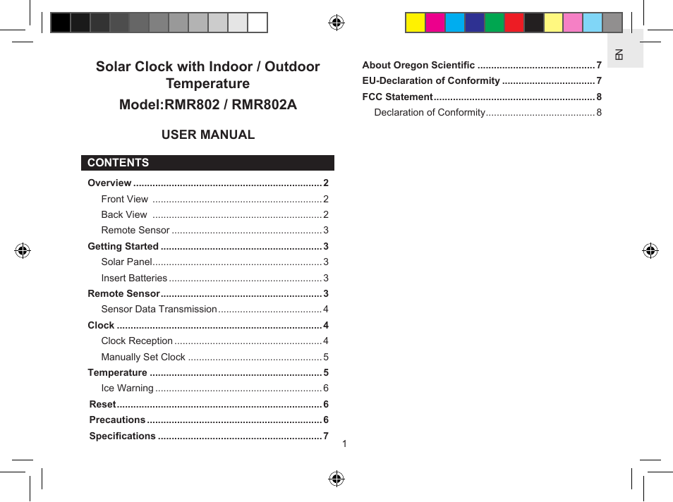 Oregon Scientific Solar Clock with Indoor/Outdoor Temeprature RMR802 User Manual | 10 pages