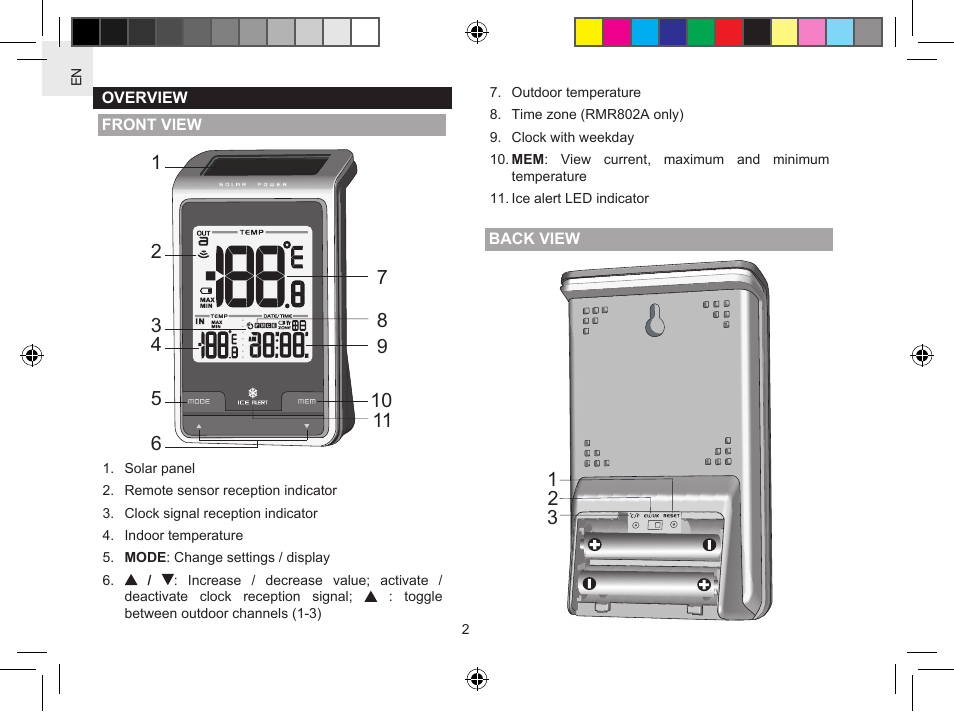 Oregon Scientific Solar Clock with Indoor/Outdoor Temeprature RMR802 User Manual | Page 2 / 10