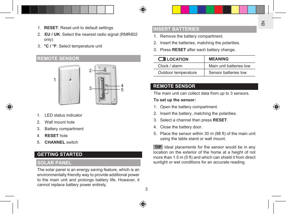 Oregon Scientific Solar Clock with Indoor/Outdoor Temeprature RMR802 User Manual | Page 3 / 10