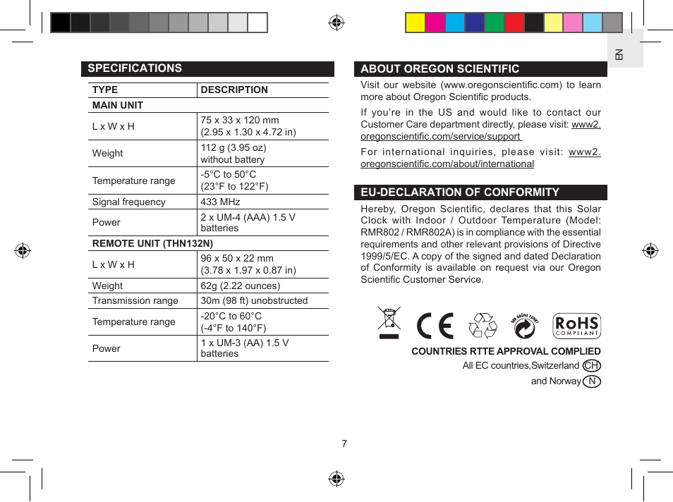 Oregon Scientific Solar Clock with Indoor/Outdoor Temeprature RMR802 User Manual | Page 7 / 10