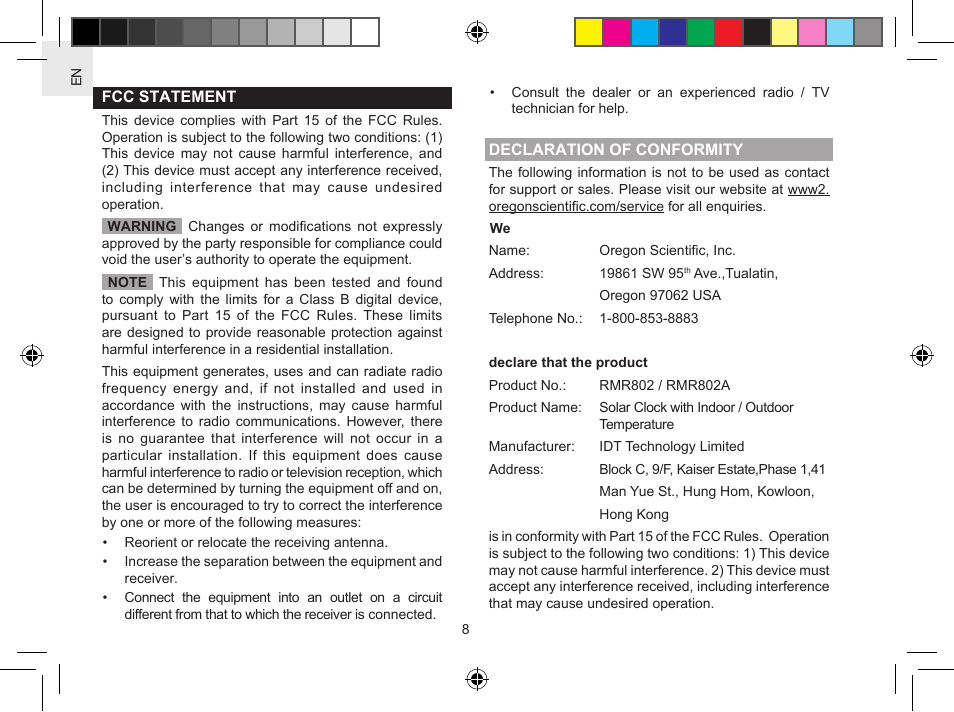 Oregon Scientific Solar Clock with Indoor/Outdoor Temeprature RMR802 User Manual | Page 8 / 10