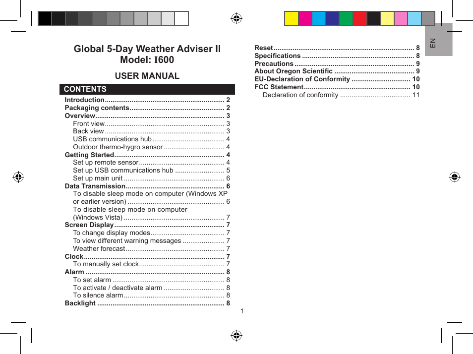 Oregon Scientific Global 5-Day Weather Adviser II I600 User Manual | 13 pages