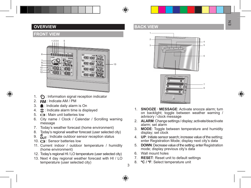 Overview front view, Back view | Oregon Scientific Global 5-Day Weather Adviser II I600 User Manual | Page 3 / 13