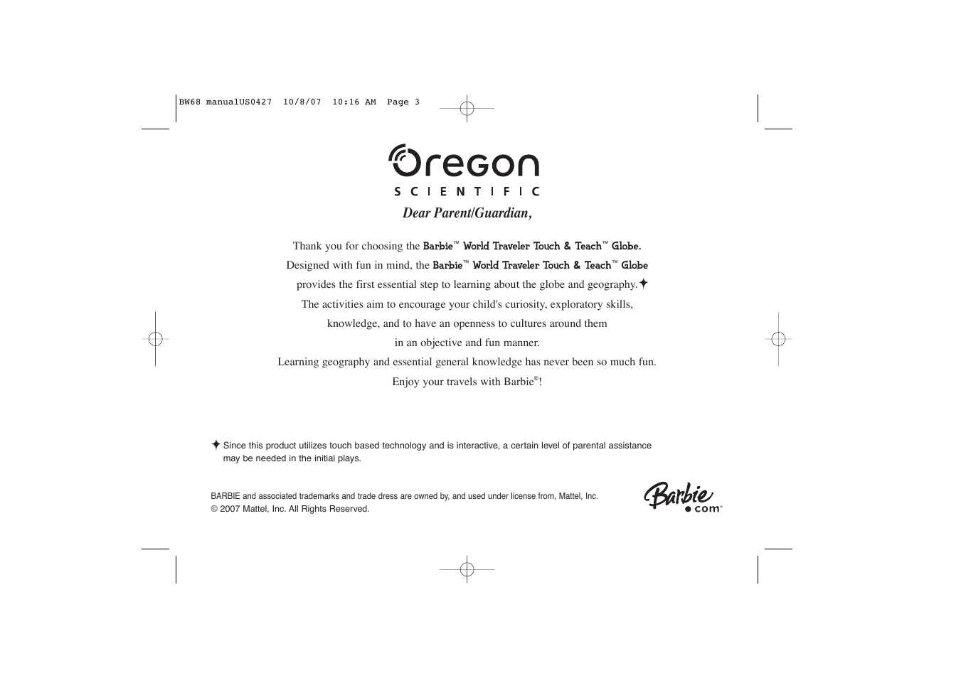 Dear parent/guardian | Oregon Scientific Barbie BW68 User Manual | Page 3 / 16