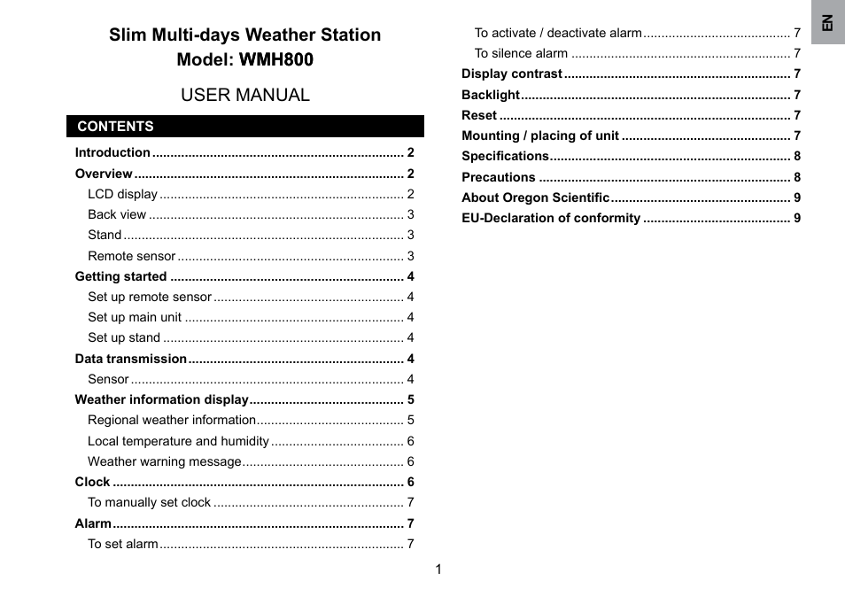 Oregon Scientific WMH800 User Manual | Page 2 / 78
