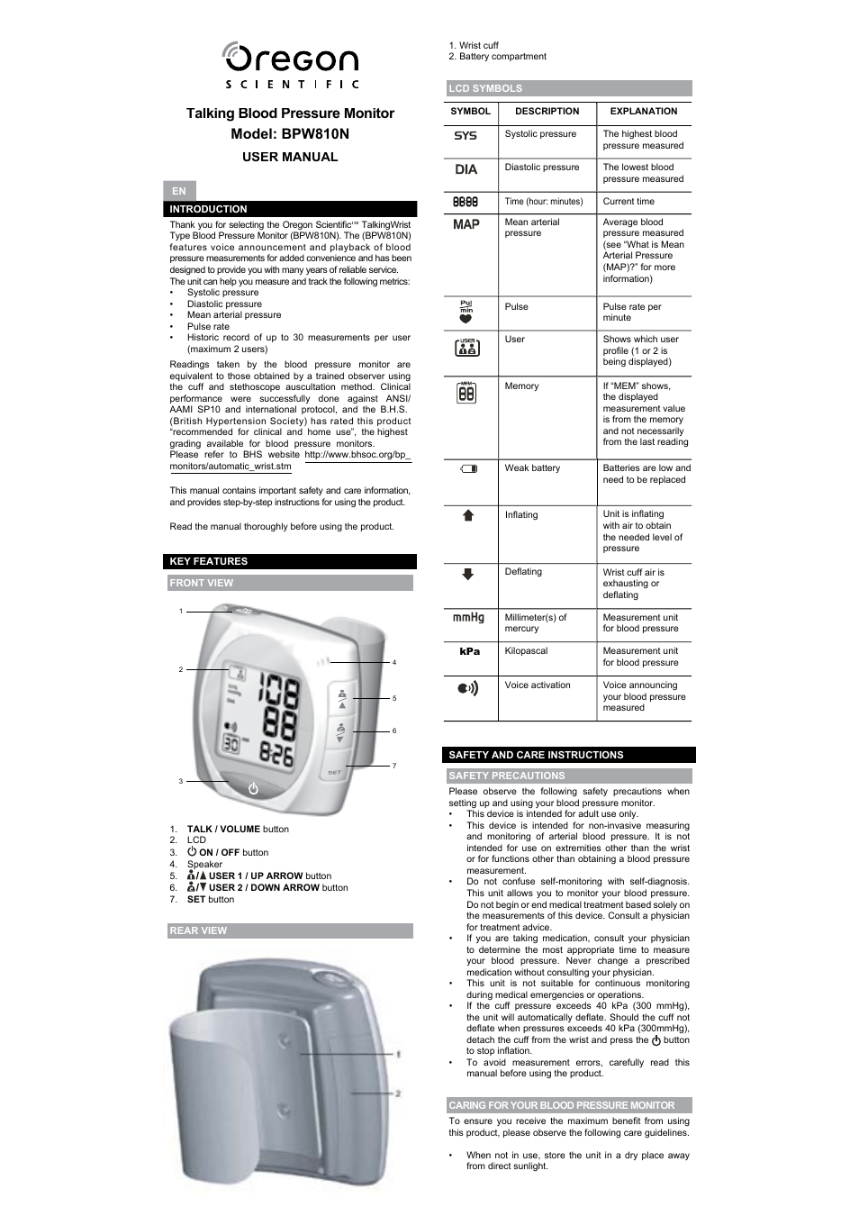 Oregon Scientific BPW810N User Manual | 5 pages