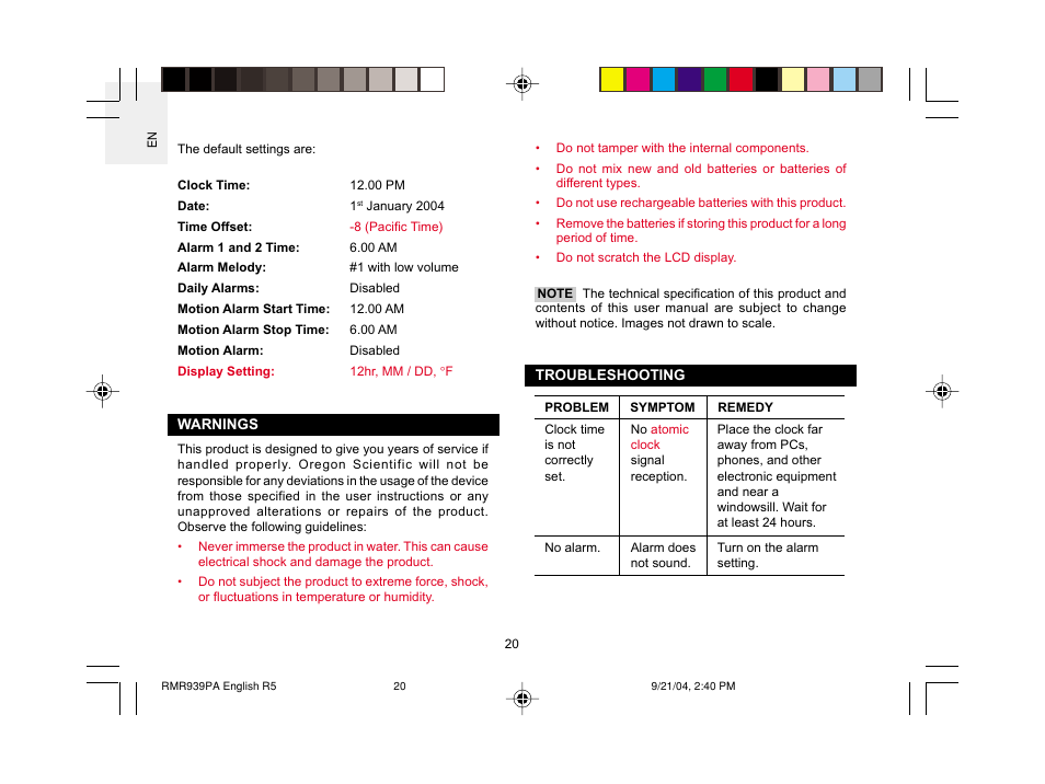 Oregon Scientific MSR939A User Manual | Page 21 / 26