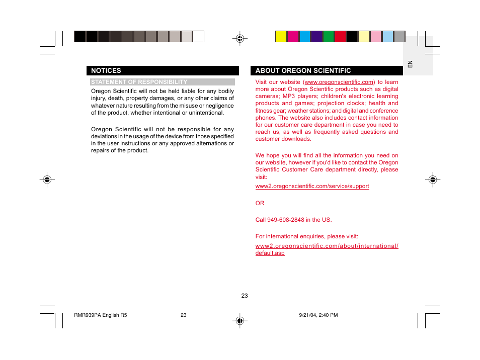 Oregon Scientific MSR939A User Manual | Page 24 / 26