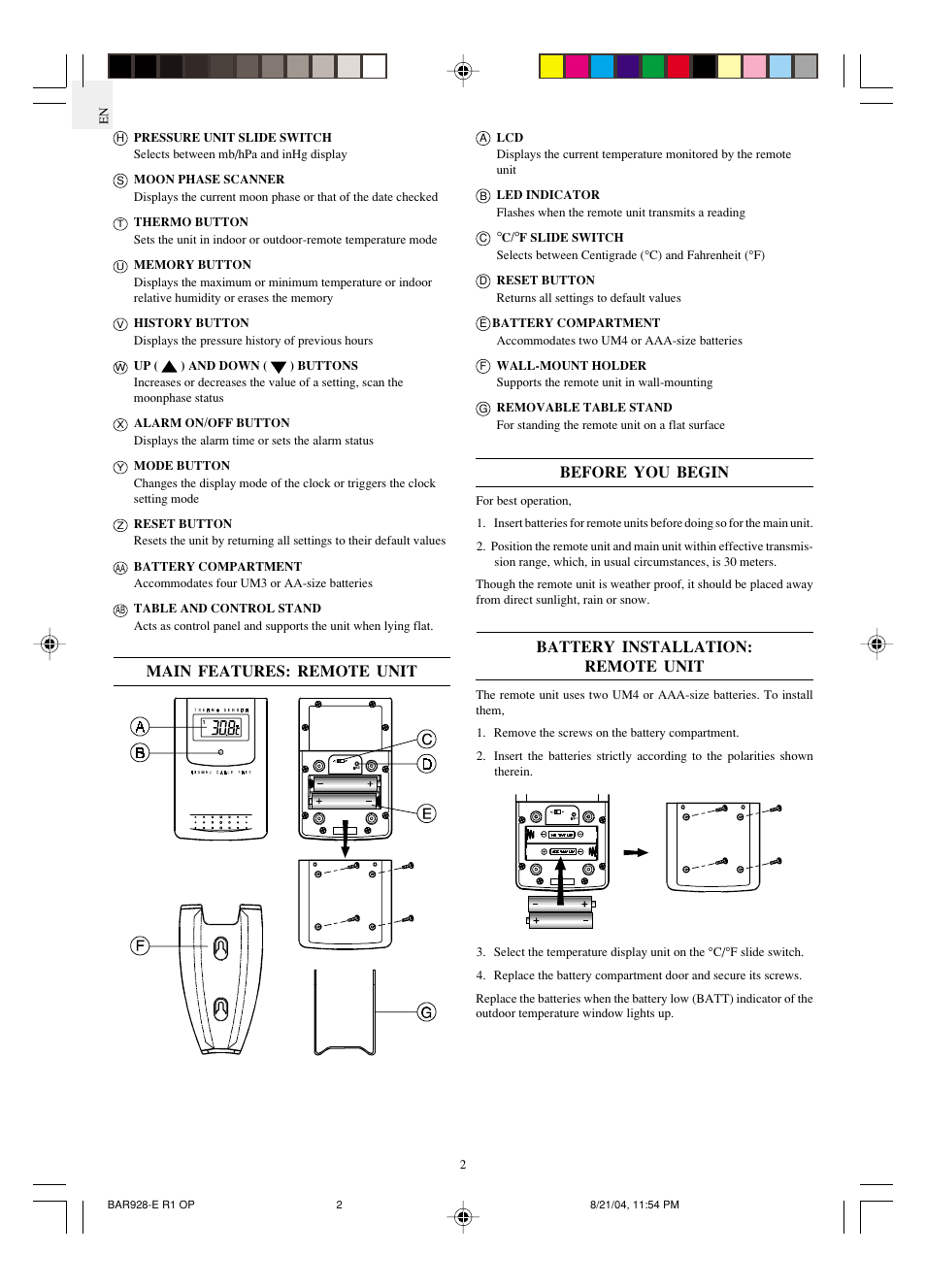 Main features: remote unit, Before you begin, Battery installation: remote unit | Oregon Scientific Scientific Cable Free Weather Station BAR928 User Manual | Page 3 / 9