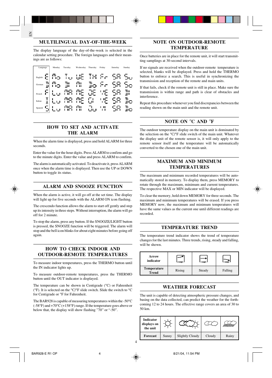 C and, Maximum and minimum temperatures, Temperature trend | Weather forecast, Multilingual day-of-the-week, How to set and activate the alarm, Alarm and snooze function | Oregon Scientific Scientific Cable Free Weather Station BAR928 User Manual | Page 5 / 9