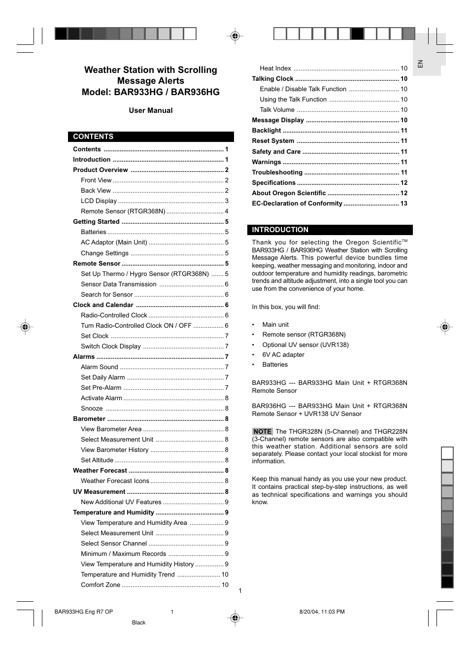 Oregon Scientific BAR933HG User Manual | Page 2 / 15