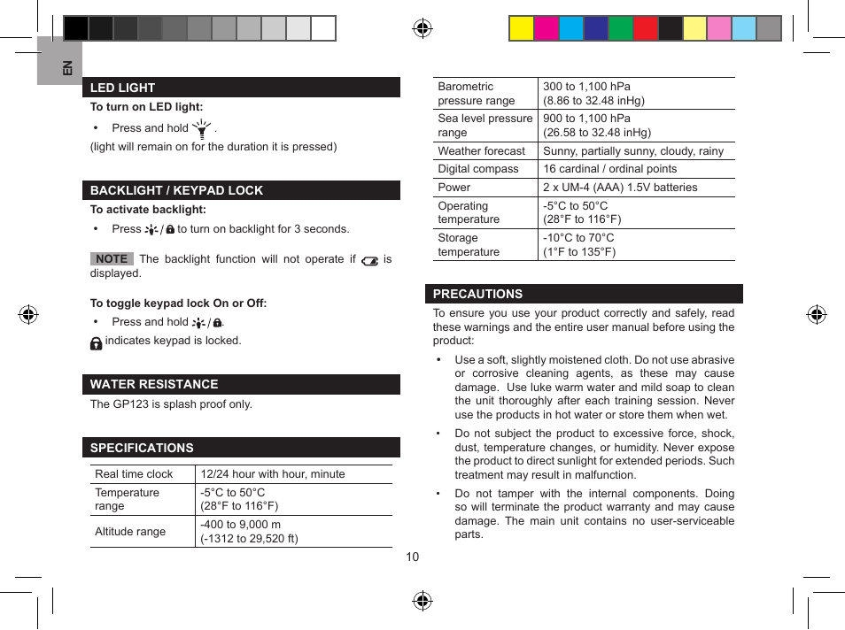 Speciﬁcations precautions | Oregon Scientific GPS Scout GP123 User Manual | Page 10 / 11