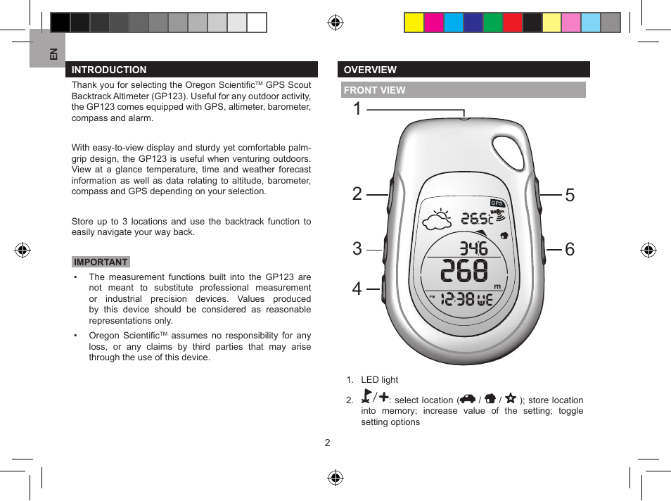 Introduction overview, Front view | Oregon Scientific GPS Scout GP123 User Manual | Page 2 / 11