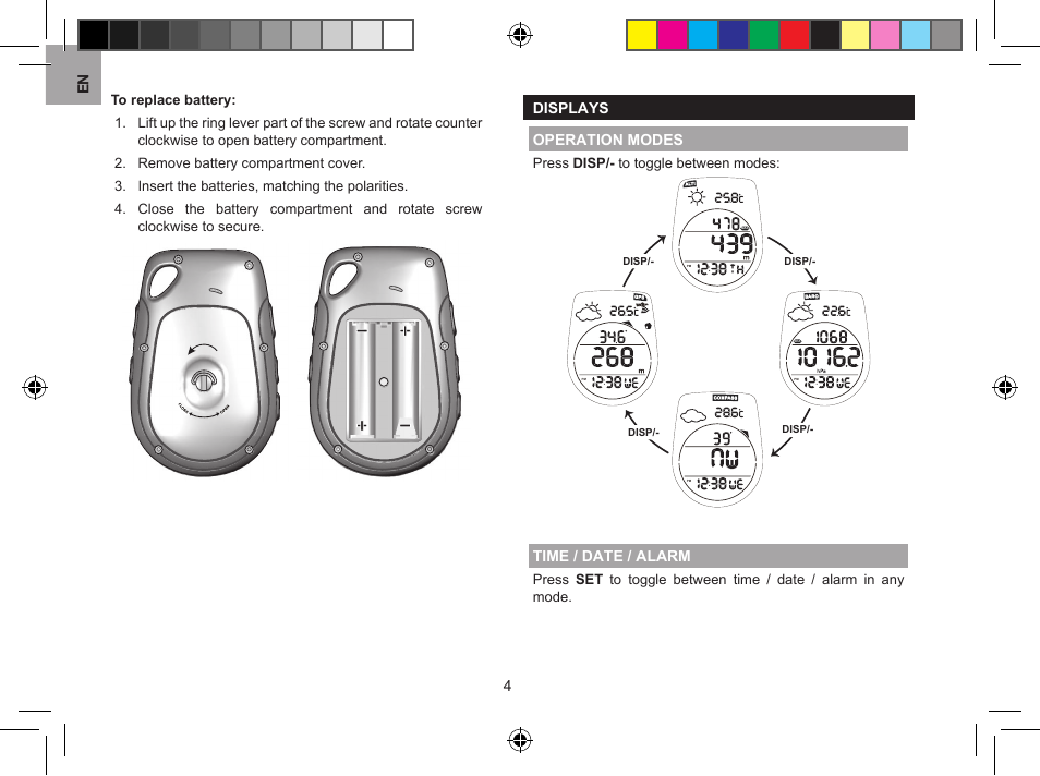 Displays, Operation modes time / date / alarm, En 4 | Displays operation modes, Time / date / alarm | Oregon Scientific GPS Scout GP123 User Manual | Page 4 / 11