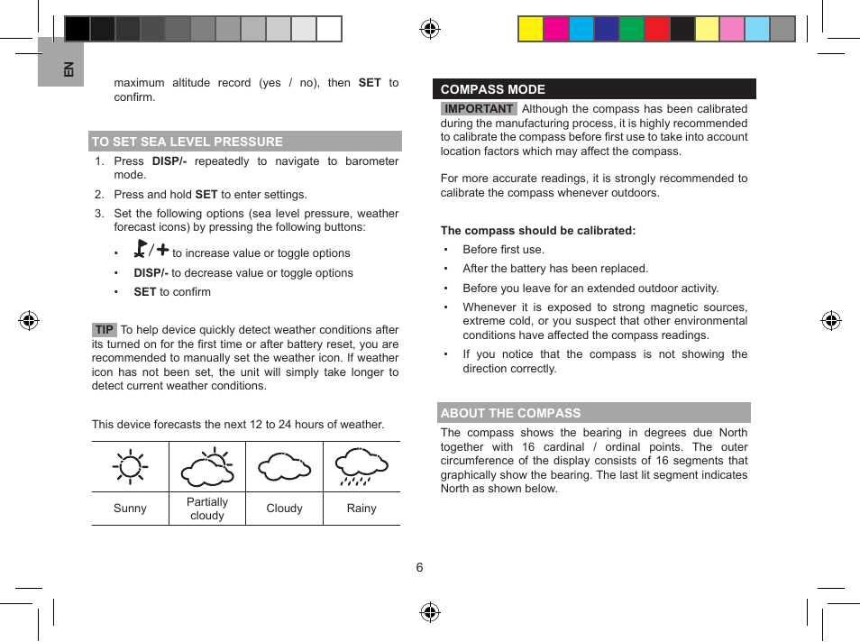 To set sea level pressure, Compass mode, About the compass | Oregon Scientific GPS Scout GP123 User Manual | Page 6 / 11
