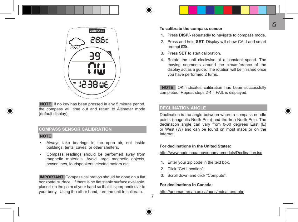 Compass sensor calibration declination angle | Oregon Scientific GPS Scout GP123 User Manual | Page 7 / 11