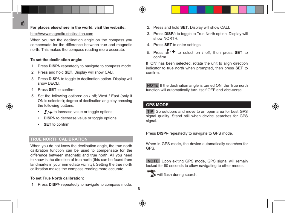 True north calibration, Gps mode | Oregon Scientific GPS Scout GP123 User Manual | Page 8 / 11