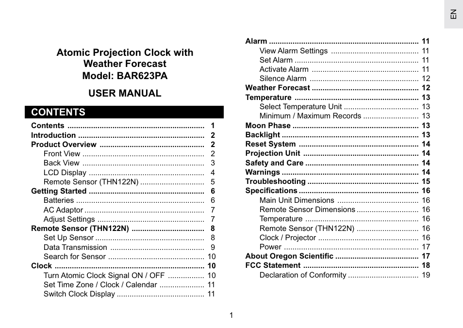 Oregon Scientific Atomic Projection Clock with Weather Forecast BAR623PA User Manual | 21 pages