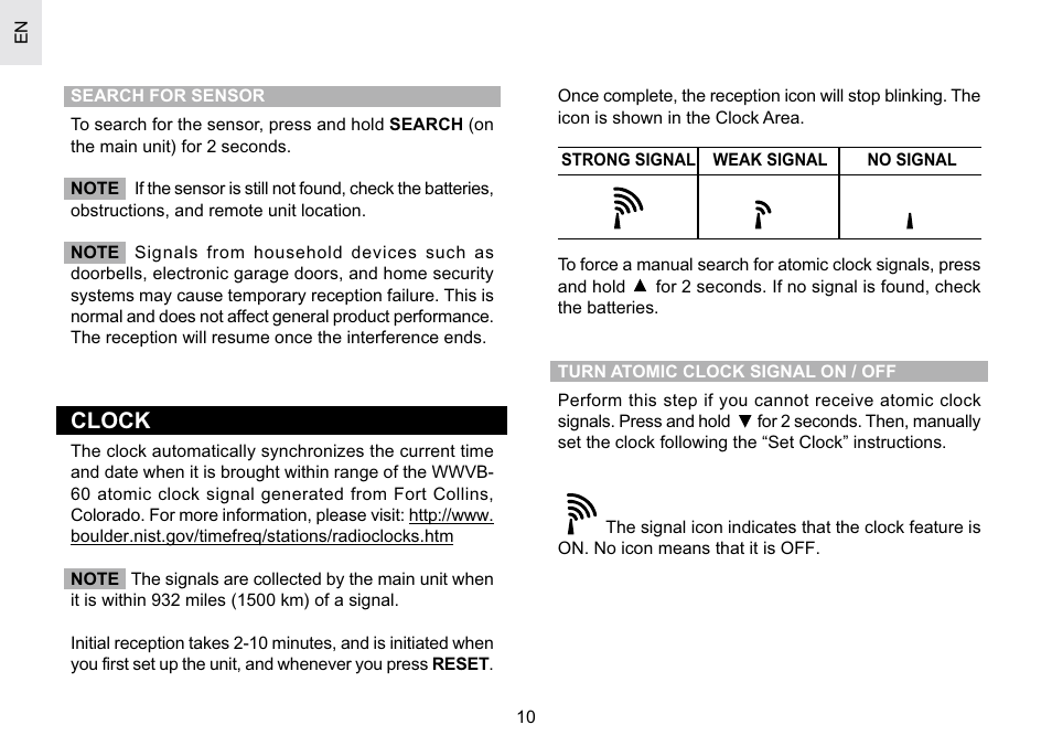 Clock | Oregon Scientific Atomic Projection Clock with Weather Forecast BAR623PA User Manual | Page 10 / 21