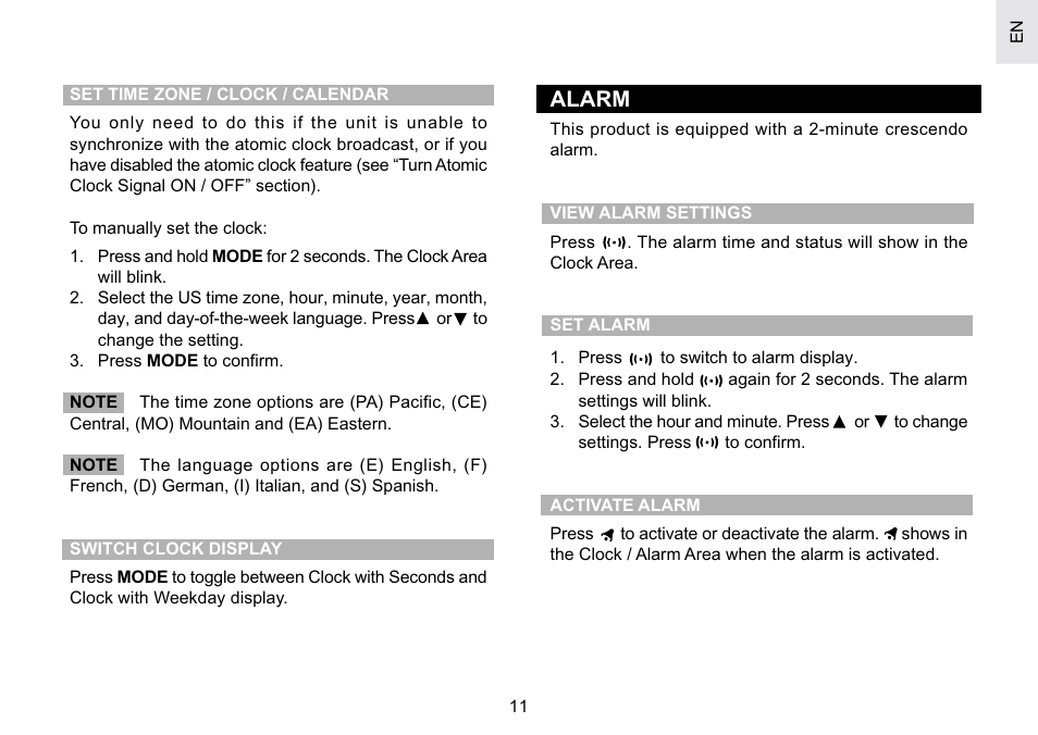 Alarm | Oregon Scientific Atomic Projection Clock with Weather Forecast BAR623PA User Manual | Page 11 / 21