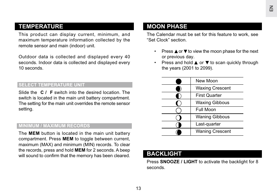 Moon phase, Temperature, Backlight | Oregon Scientific Atomic Projection Clock with Weather Forecast BAR623PA User Manual | Page 13 / 21