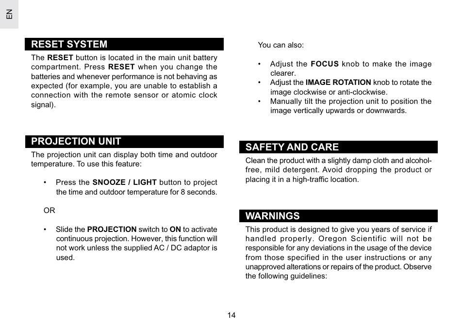 Reset system, Projection unit, Safety and care | Warnings | Oregon Scientific Atomic Projection Clock with Weather Forecast BAR623PA User Manual | Page 14 / 21