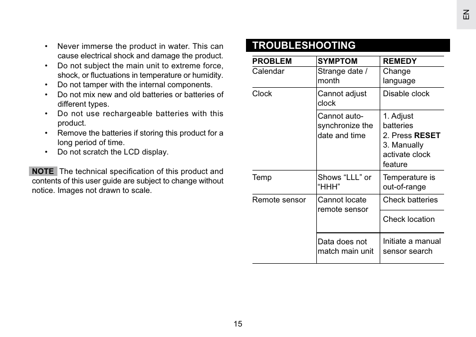 Troubleshooting | Oregon Scientific Atomic Projection Clock with Weather Forecast BAR623PA User Manual | Page 15 / 21