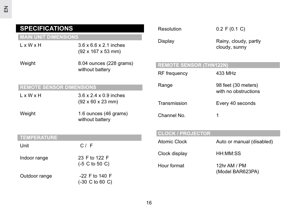 Specifications | Oregon Scientific Atomic Projection Clock with Weather Forecast BAR623PA User Manual | Page 16 / 21