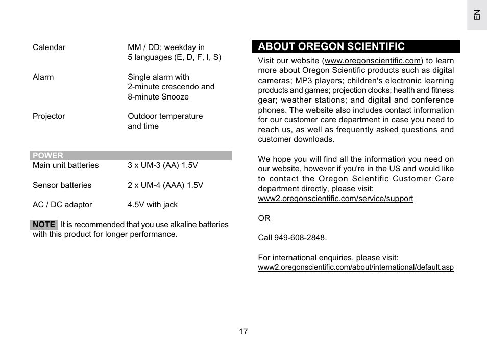 About oregon scientific | Oregon Scientific Atomic Projection Clock with Weather Forecast BAR623PA User Manual | Page 17 / 21