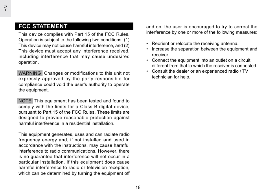 Fcc statement | Oregon Scientific Atomic Projection Clock with Weather Forecast BAR623PA User Manual | Page 18 / 21