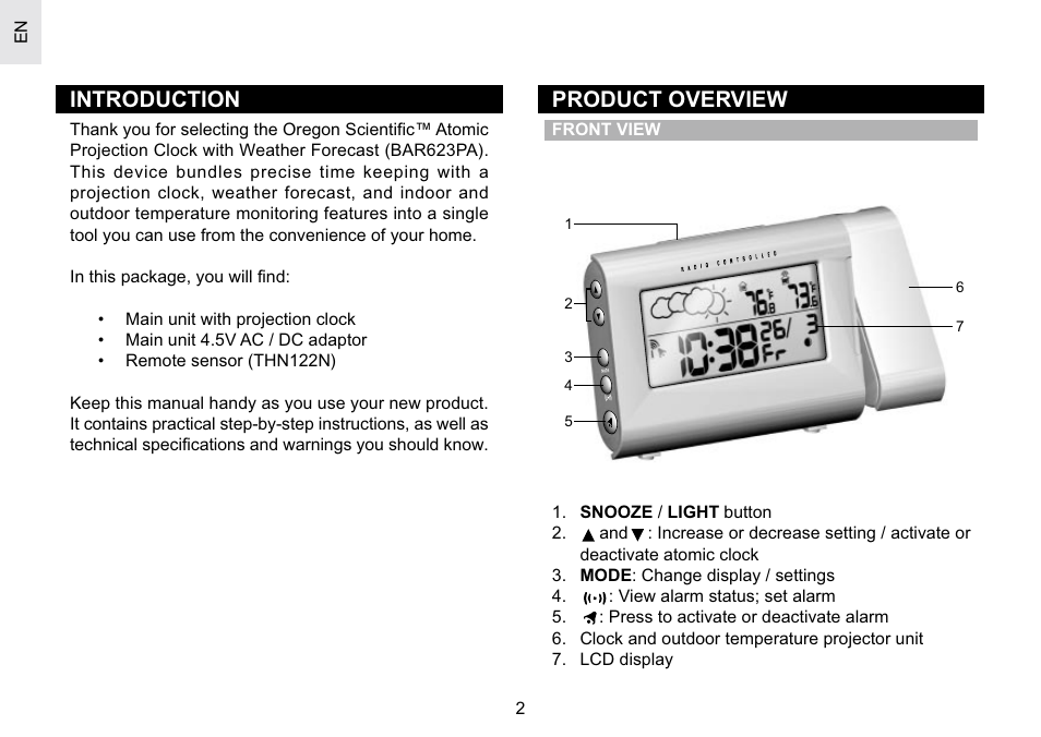 Introduction, Product overview | Oregon Scientific Atomic Projection Clock with Weather Forecast BAR623PA User Manual | Page 2 / 21