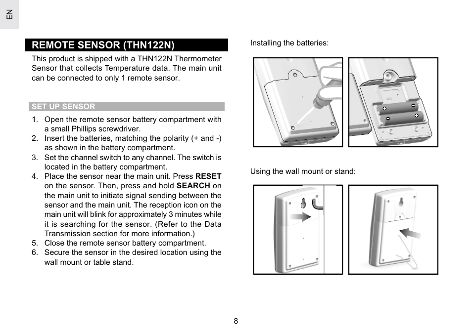 Remote sensor (thn122n) | Oregon Scientific Atomic Projection Clock with Weather Forecast BAR623PA User Manual | Page 8 / 21