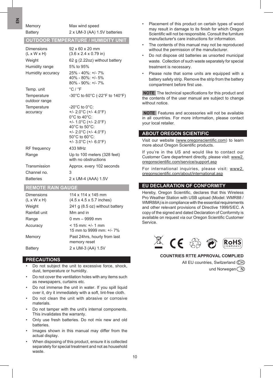 Oregon Scientific Wireless Pro Weather Station with USB upload WMR88 User Manual | Page 10 / 10