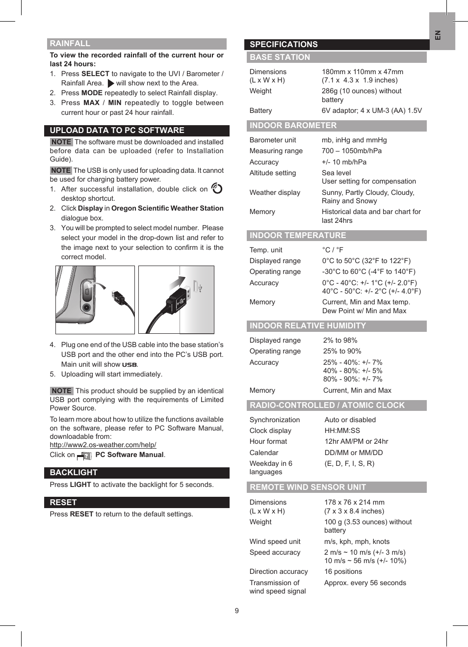 Oregon Scientific Wireless Pro Weather Station with USB upload WMR88 User Manual | Page 9 / 10