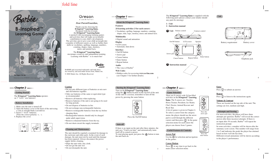 Oregon Scientific Barbie Learning Game User Manual | 2 pages