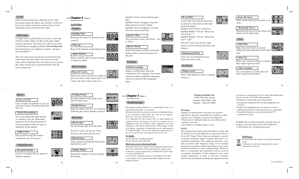 Chapter 4, Chapter 5, Activities | Oregon Scientific Barbie Learning Game User Manual | Page 2 / 2